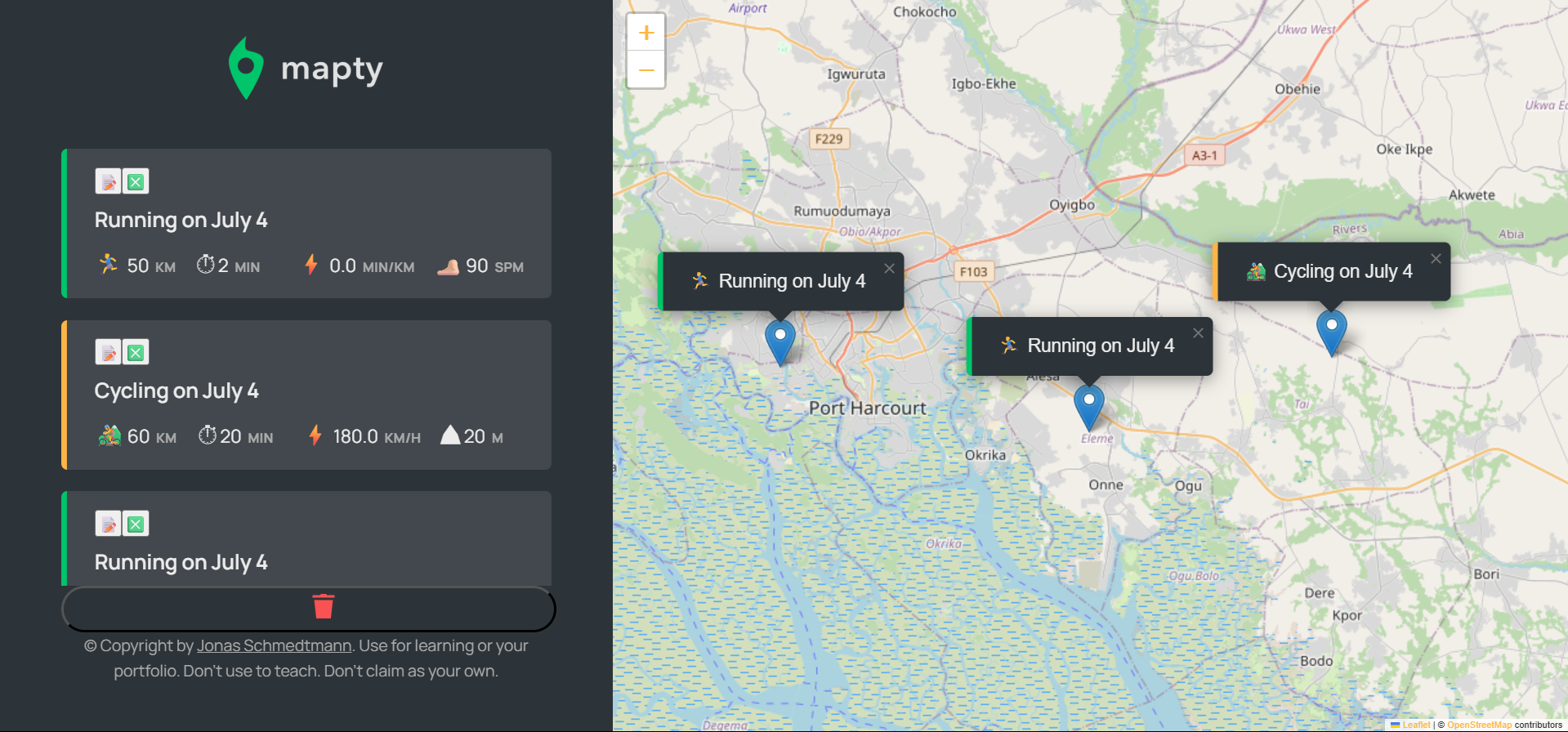 Mapty workout tracking interface